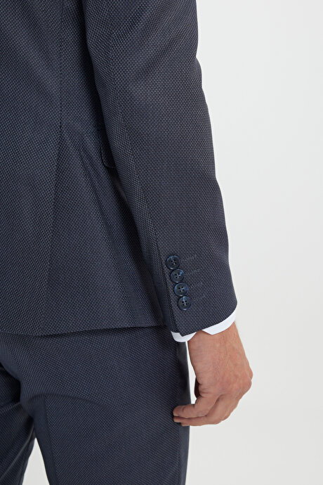 Ekstra Slim Fit Dar Kesim Desenli Yelekli Mavi Yelekli Takım Elbise resmi