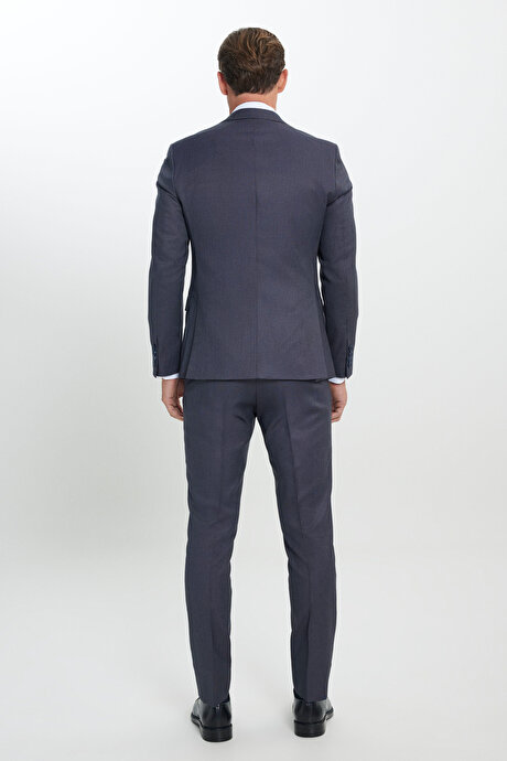 Ekstra Slim Fit Dar Kesim Desenli Yelekli Mavi Yelekli Takım Elbise resmi