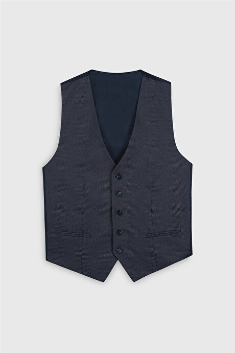 Ekstra Slim Fit Dar Kesim Desenli Yelekli Mavi Yelekli Takım Elbise resmi