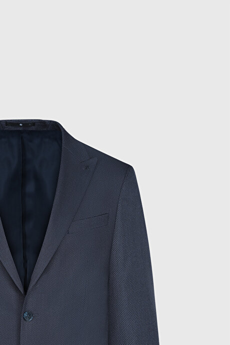 Ekstra Slim Fit Dar Kesim Desenli Yelekli Mavi Yelekli Takım Elbise resmi