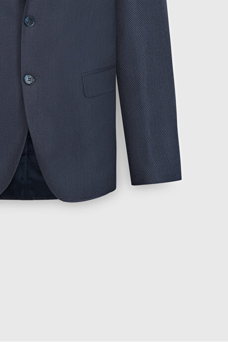 Ekstra Slim Fit Dar Kesim Desenli Yelekli Mavi Yelekli Takım Elbise resmi