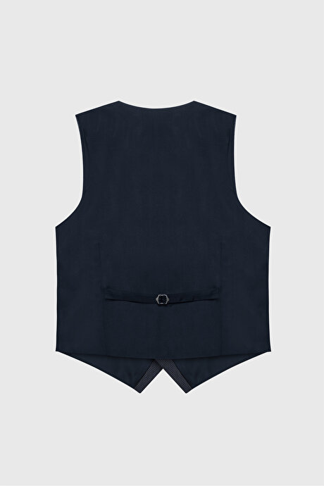 Ekstra Slim Fit Dar Kesim Desenli Yelekli Mavi Yelekli Takım Elbise resmi