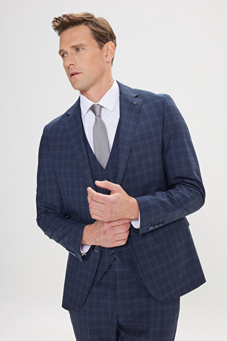 Slim Fit Dar Kesim Mono Yaka Kareli Kapak Cepli Yelekli Lacivert Yelekli Takım Elbise resmi