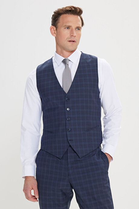 Slim Fit Dar Kesim Mono Yaka Kareli Kapak Cepli Yelekli Lacivert Yelekli Takım Elbise resmi