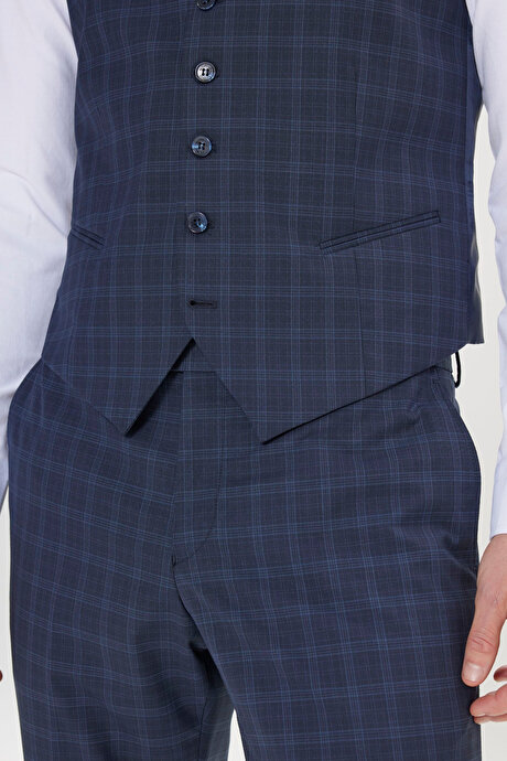 Slim Fit Dar Kesim Mono Yaka Kareli Kapak Cepli Yelekli Lacivert Yelekli Takım Elbise resmi