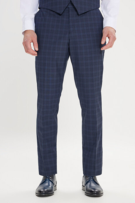 Slim Fit Dar Kesim Mono Yaka Kareli Kapak Cepli Yelekli Lacivert Yelekli Takım Elbise resmi