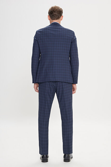 Slim Fit Dar Kesim Mono Yaka Kareli Kapak Cepli Yelekli Lacivert Yelekli Takım Elbise resmi