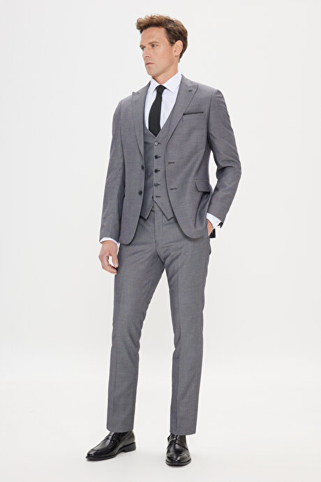 Slim Fit Dar Kesim Kırlangıç Yaka Desenli Gri-Siyah Yelekli Takım Elbise resmi