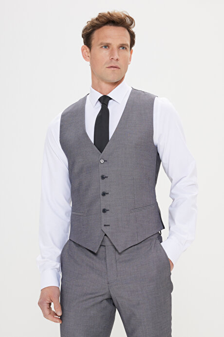 Slim Fit Dar Kesim Kırlangıç Yaka Desenli Gri-Siyah Yelekli Takım Elbise resmi
