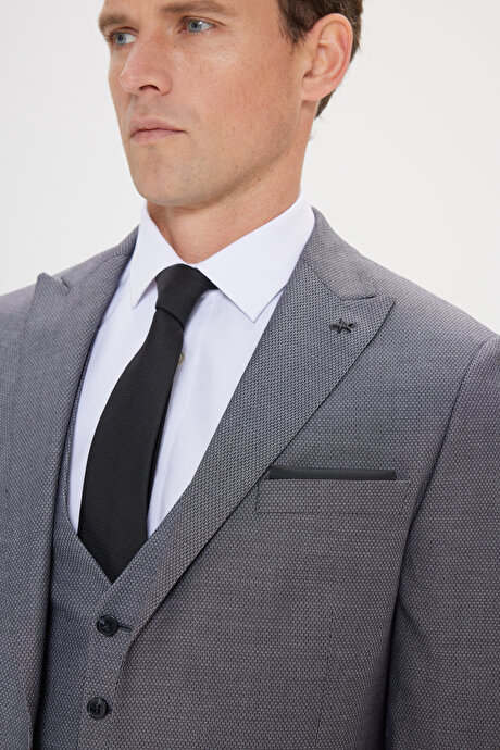 Slim Fit Dar Kesim Kırlangıç Yaka Desenli Gri-Siyah Yelekli Takım Elbise resmi