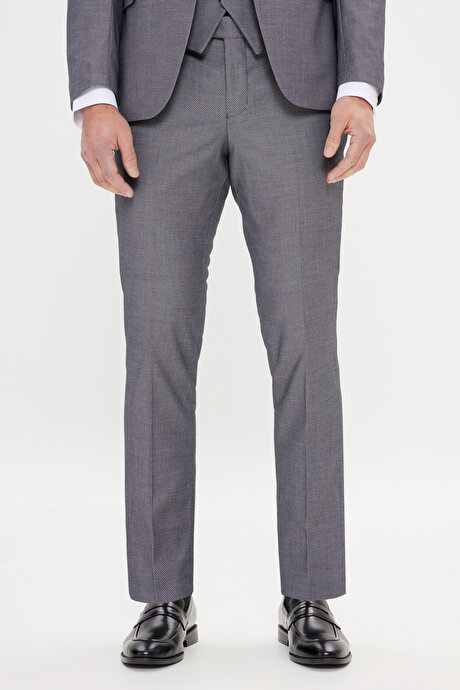 Slim Fit Dar Kesim Kırlangıç Yaka Desenli Gri-Siyah Yelekli Takım Elbise resmi