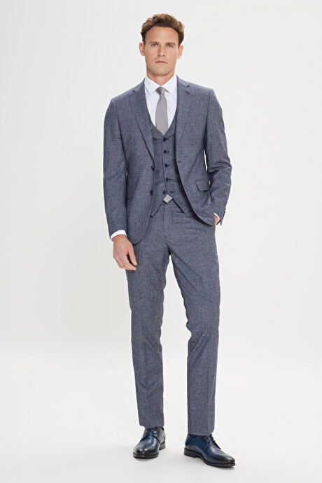 Ekstra Slim Fit Dar Kesim Mono Yaka Desenli Yelekli Lacivert-Beyaz Yelekli Takım Elbise resmi