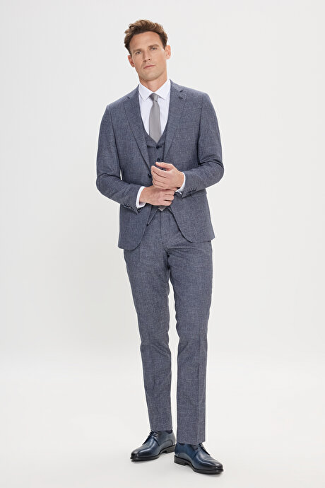 Ekstra Slim Fit Dar Kesim Mono Yaka Desenli Yelekli Lacivert-Beyaz Yelekli Takım Elbise resmi