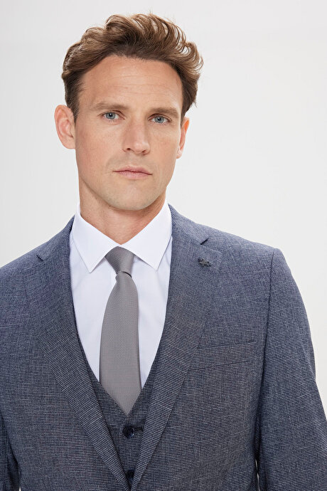 Ekstra Slim Fit Dar Kesim Mono Yaka Desenli Yelekli Lacivert-Beyaz Yelekli Takım Elbise resmi