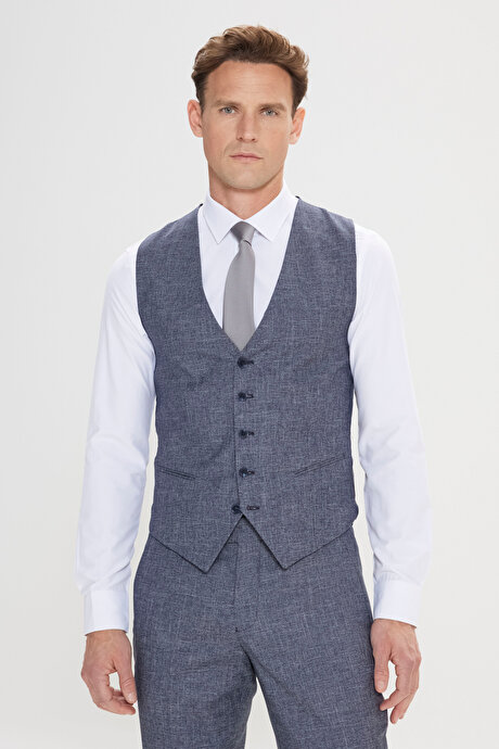 Ekstra Slim Fit Dar Kesim Mono Yaka Desenli Yelekli Lacivert-Beyaz Yelekli Takım Elbise resmi
