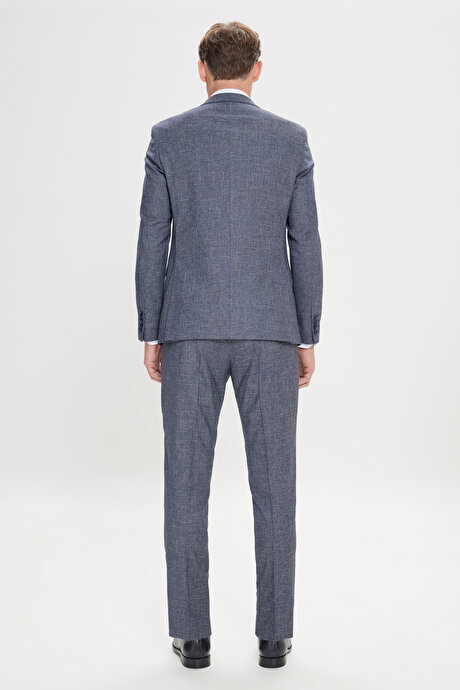 Ekstra Slim Fit Dar Kesim Mono Yaka Desenli Yelekli Lacivert-Beyaz Yelekli Takım Elbise resmi