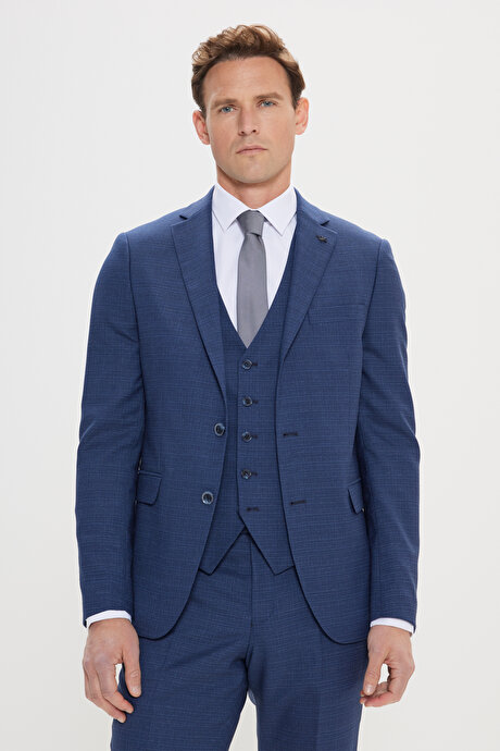 Yünlü Slim Fit Dar Kesim Mono Yaka Desenli Kapak Cepli Yelekli Lacivert Yelekli Takım Elbise resmi