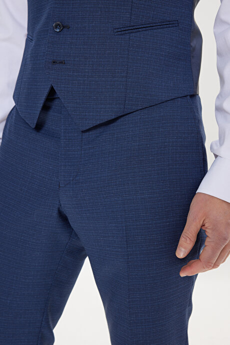 Yünlü Slim Fit Dar Kesim Mono Yaka Desenli Kapak Cepli Yelekli Lacivert Yelekli Takım Elbise resmi