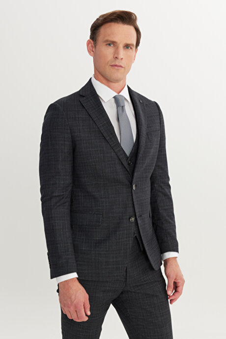 Slim Fit Dar Kesim Mono Yaka Desenli Esnek Kapak Cepli Yelekli Siyah-Gri Yelekli Takım Elbise resmi