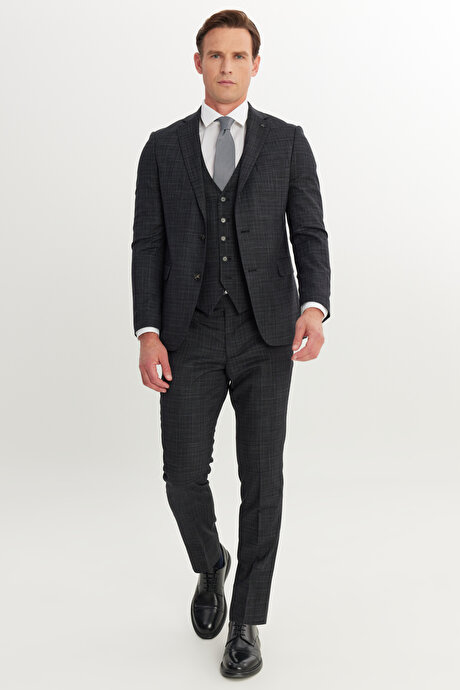 Slim Fit Dar Kesim Mono Yaka Desenli Esnek Kapak Cepli Yelekli Siyah-Gri Yelekli Takım Elbise resmi