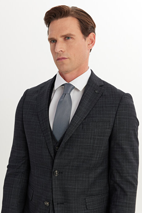 Slim Fit Dar Kesim Mono Yaka Desenli Esnek Kapak Cepli Yelekli Siyah-Gri Yelekli Takım Elbise resmi