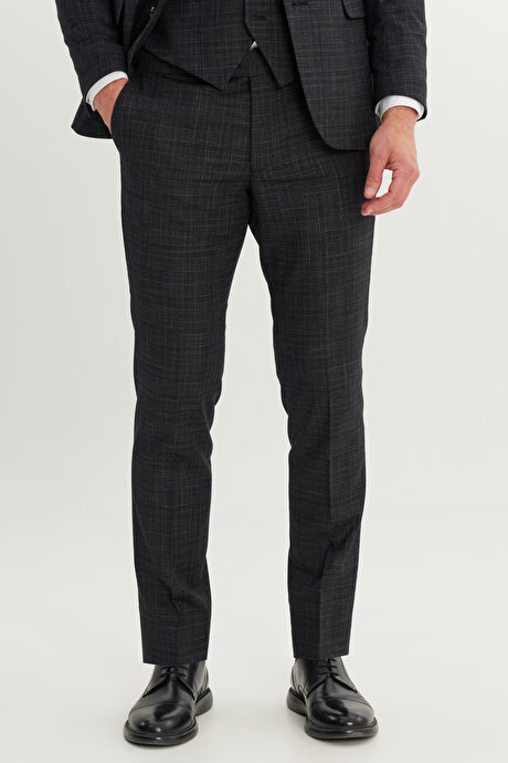 Slim Fit Dar Kesim Mono Yaka Desenli Esnek Kapak Cepli Yelekli Siyah-Gri Yelekli Takım Elbise resmi