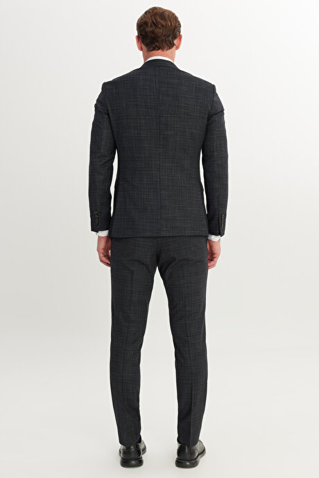 Slim Fit Dar Kesim Mono Yaka Desenli Esnek Kapak Cepli Yelekli Siyah-Gri Yelekli Takım Elbise resmi