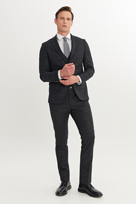 Slim Fit Dar Kesim Mono Yaka Desenli Esnek Kapak Cepli Yelekli Siyah-Gri Yelekli Takım Elbise resmi