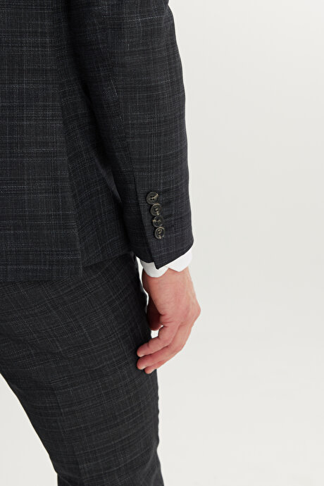 Slim Fit Dar Kesim Mono Yaka Desenli Esnek Kapak Cepli Yelekli Siyah-Gri Yelekli Takım Elbise resmi
