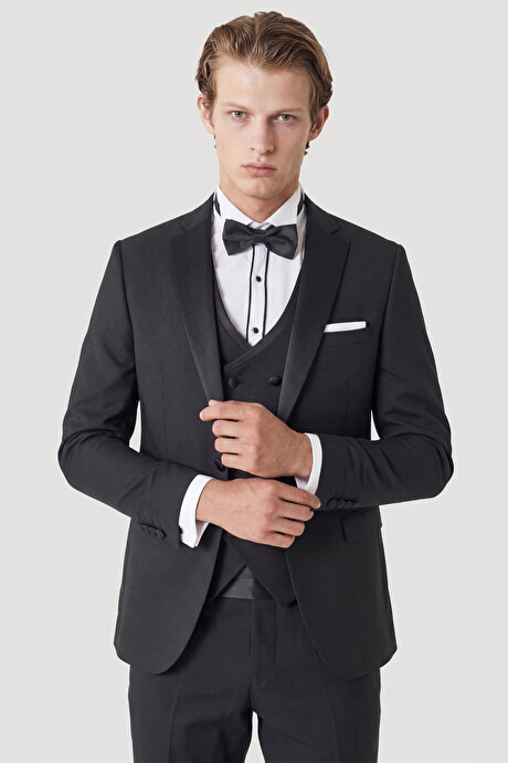 Slim Fit Dar Kesim Mono Yaka Desenli Siyah Smokin Takım resmi