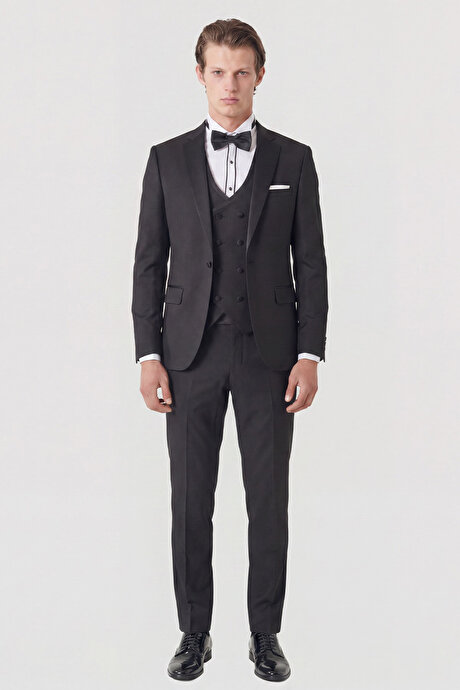 Slim Fit Dar Kesim Mono Yaka Desenli Siyah Smokin Takım resmi