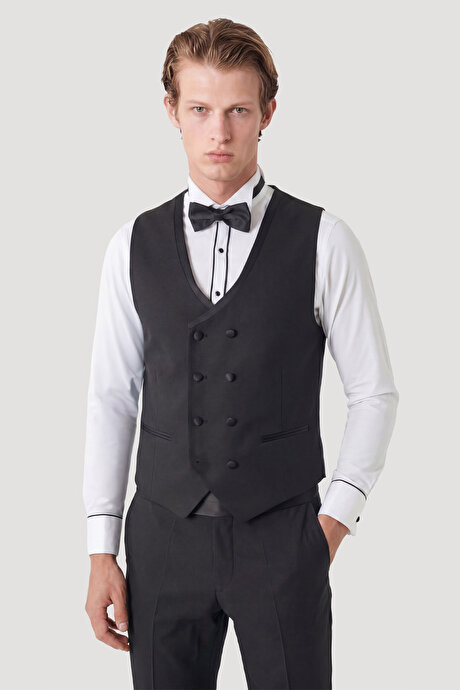 Slim Fit Dar Kesim Mono Yaka Desenli Siyah Smokin Takım resmi