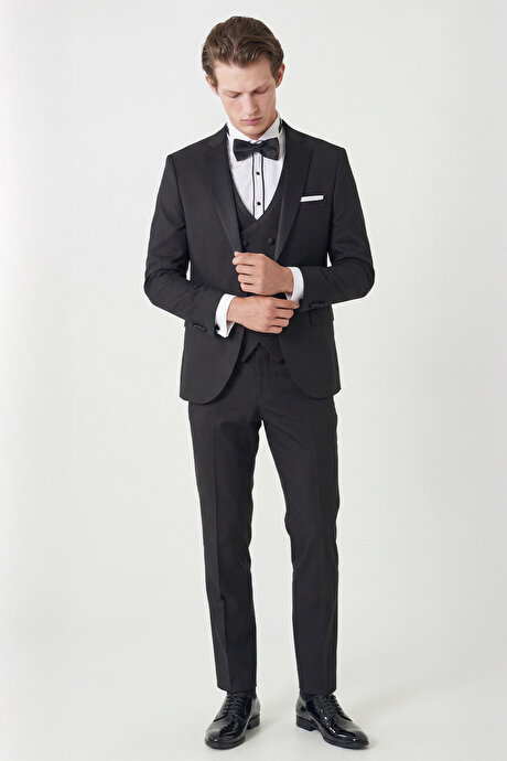 Slim Fit Dar Kesim Mono Yaka Desenli Siyah Smokin Takım resmi