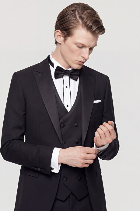 Slim Fit Dar Kesim Mono Yaka Desenli Siyah Smokin Takım resmi