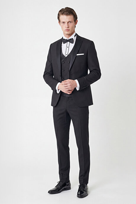 Slim Fit Dar Kesim Mono Yaka Desenli Siyah Smokin Takım resmi