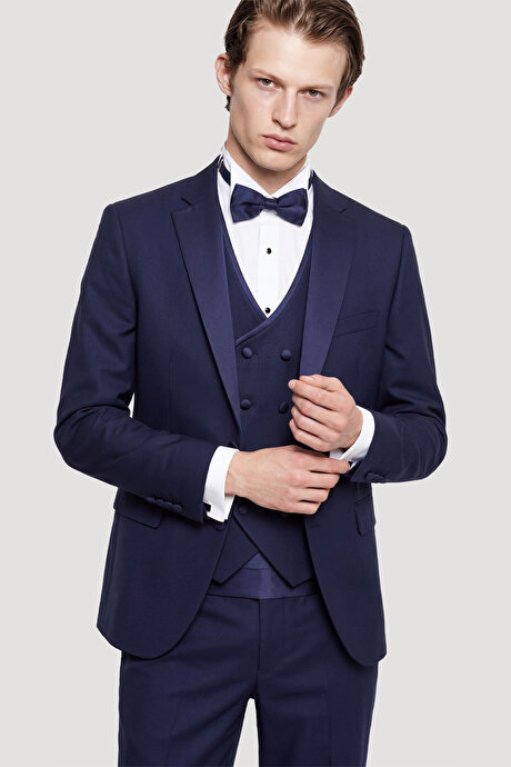 Slim Fit Dar Kesim Mono Yaka Desenli Lacivert Smokin Takım resmi