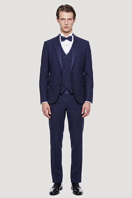 Slim Fit Dar Kesim Mono Yaka Desenli Lacivert Smokin Takım resmi
