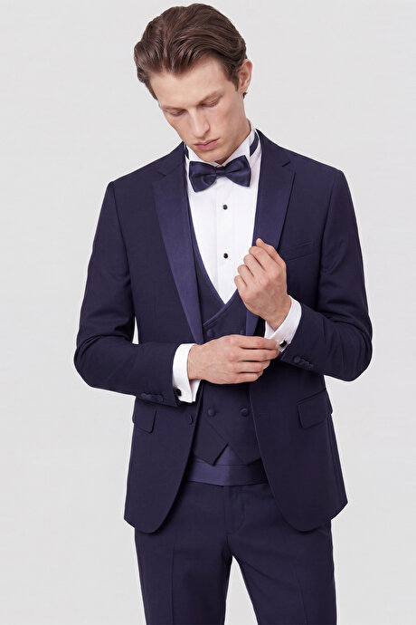 Slim Fit Dar Kesim Mono Yaka Desenli Lacivert Smokin Takım resmi