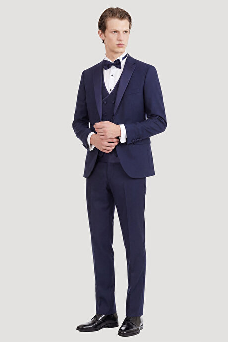 Slim Fit Dar Kesim Mono Yaka Desenli Lacivert Smokin Takım resmi