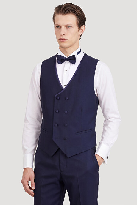 Slim Fit Dar Kesim Mono Yaka Desenli Lacivert Smokin Takım resmi