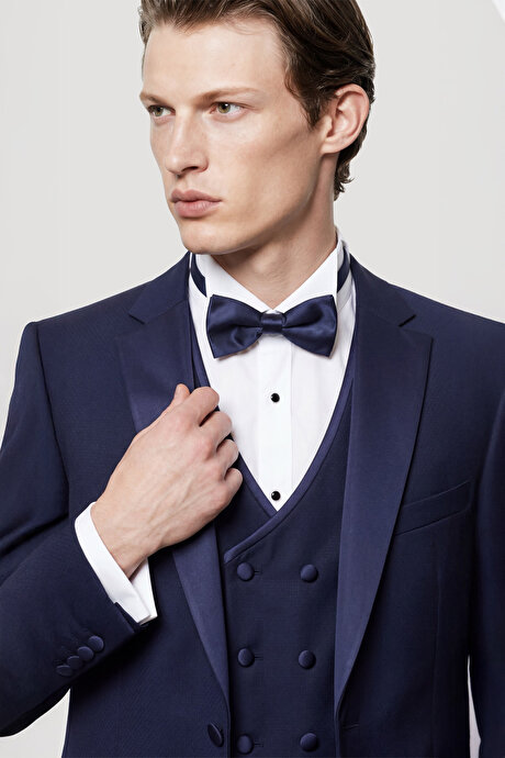 Slim Fit Dar Kesim Mono Yaka Desenli Lacivert Smokin Takım resmi