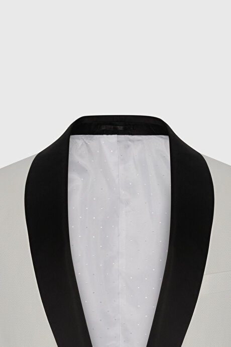 Slim Fit Dar Kesim Şal Yaka Desenli Klasik Beyaz-Siyah Smokin Takım resmi