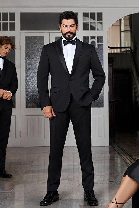 Ekstra Slim Fit Dar Kesim Şal Yaka Desenli Damatlık Siyah Smokin Takım resmi