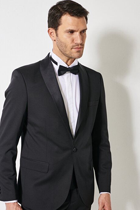 Ekstra Slim Fit Dar Kesim Şal Yaka Desenli Damatlık Siyah Smokin Takım resmi