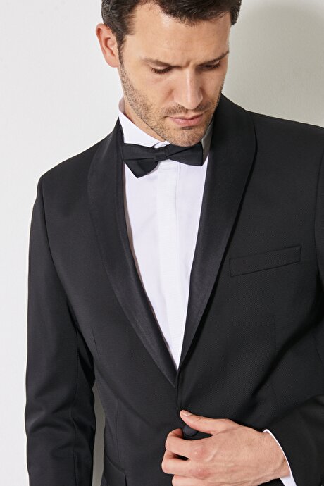 Ekstra Slim Fit Dar Kesim Şal Yaka Desenli Damatlık Siyah Smokin Takım resmi