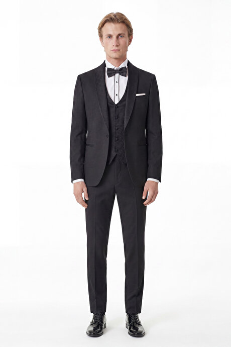 Ekstra Slim Fit Dar Kesim Kırlangıç Yaka Desenli Siyah Smokin Takım resmi