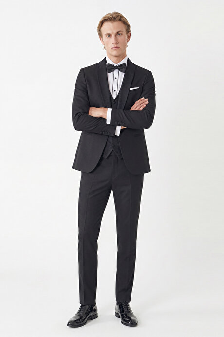 Ekstra Slim Fit Dar Kesim Kırlangıç Yaka Desenli Siyah Smokin Takım resmi
