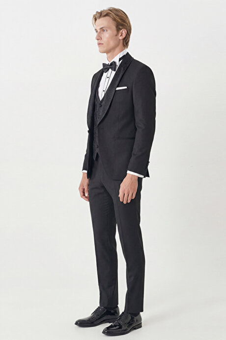 Ekstra Slim Fit Dar Kesim Kırlangıç Yaka Desenli Siyah Smokin Takım resmi