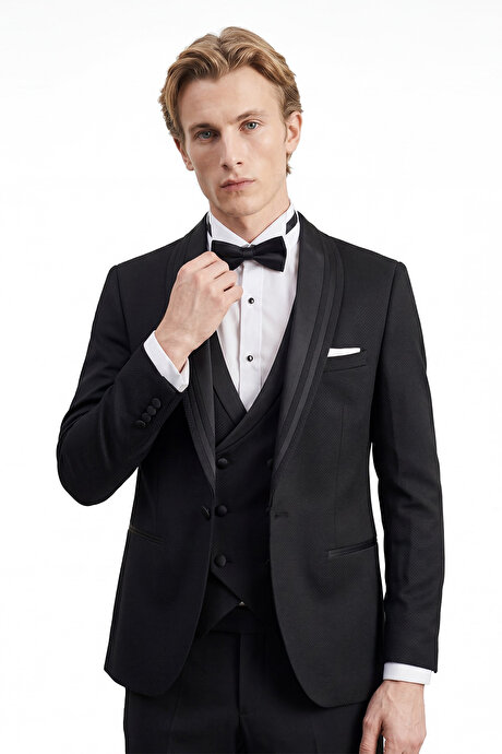 Slim Fit Dar Kesim Mono Yaka Desenli Siyah Smokin Takım resmi