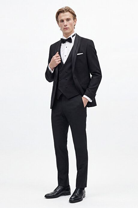 Slim Fit Dar Kesim Mono Yaka Desenli Siyah Smokin Takım resmi